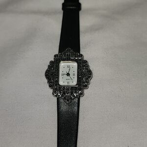 New Gothic Avon Silvertone Marcasite Watch Black‎ Leather Band Goth Romantic